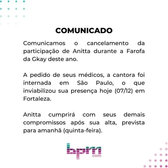 Anitta é internada novamente e cancela participação na Farofa da Gkay